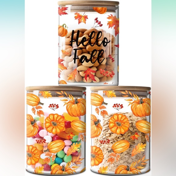 Fall Decor 3 Pack Glass Storage Jars with Airtight Bamboo Lid-Hello Fall. - Picture 1 of 4